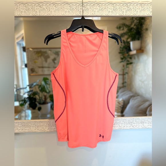 Under Armour Workout Performance Top - Bright Neon Coral Pink/Orange w/ Purple M - Picture 11 of 14